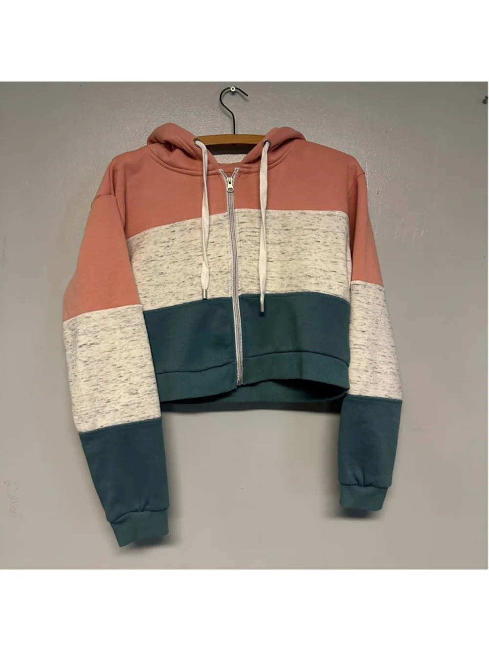 doublju Colorblock Cropped Hoodie Women’s Size Large Pink Teal heathered
